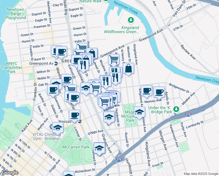 map of restaurants, bars, coffee shops, grocery stores, and more near 80 Jewel Street in Brooklyn