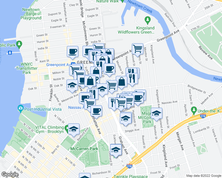 map of restaurants, bars, coffee shops, grocery stores, and more near 167 Diamond Street in Brooklyn
