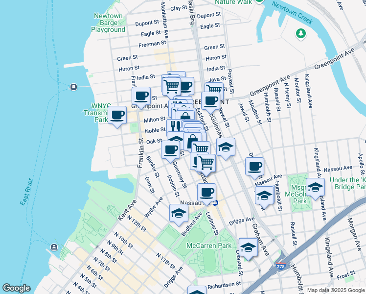 map of restaurants, bars, coffee shops, grocery stores, and more near 802 Manhattan Avenue in Brooklyn