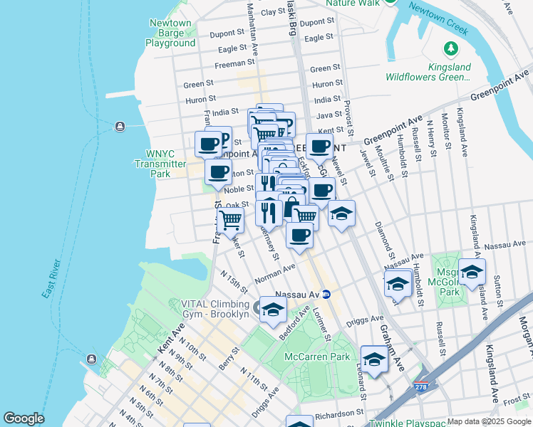 map of restaurants, bars, coffee shops, grocery stores, and more near 1097 Lorimer Street in Brooklyn