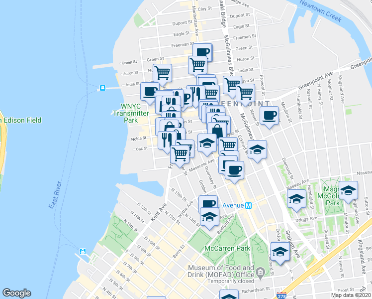 map of restaurants, bars, coffee shops, grocery stores, and more near 121 Oak Street in Brooklyn