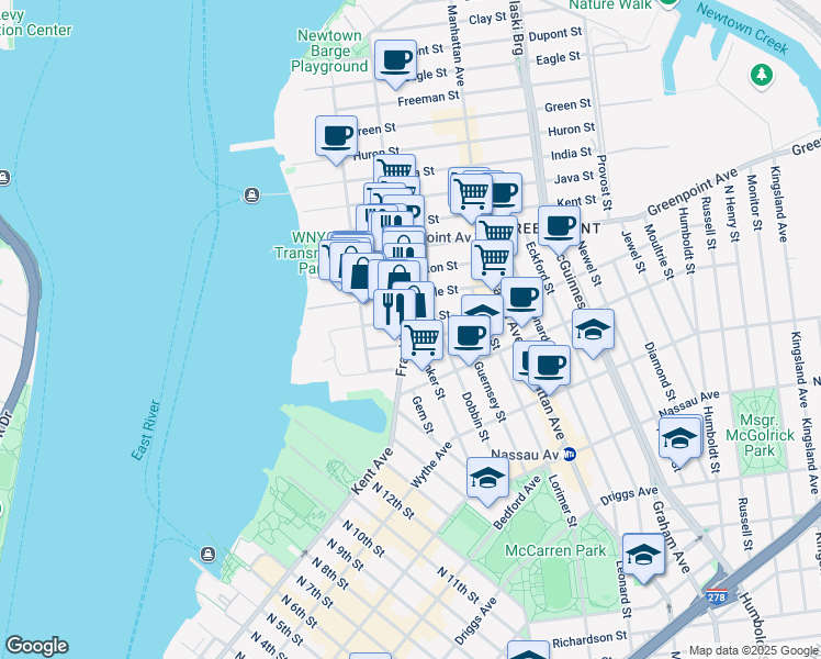 map of restaurants, bars, coffee shops, grocery stores, and more near 85 Oak Street in Brooklyn