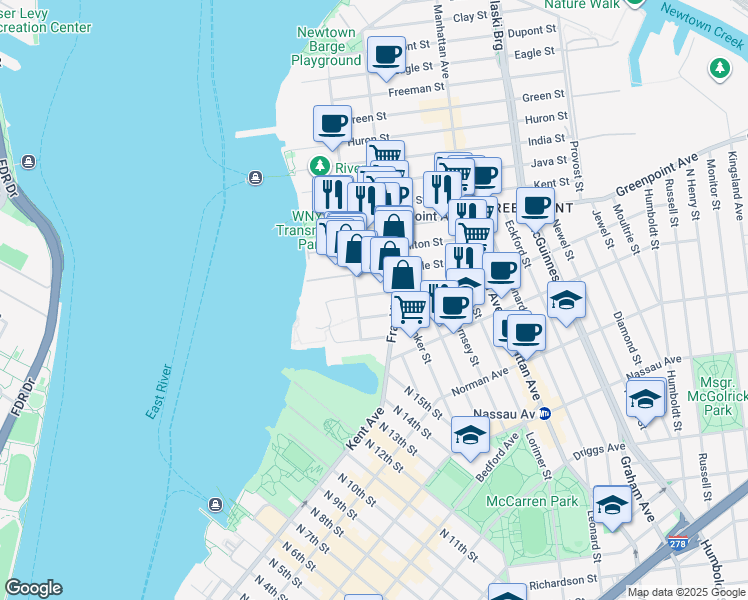 map of restaurants, bars, coffee shops, grocery stores, and more near 85 Oak Street in Brooklyn