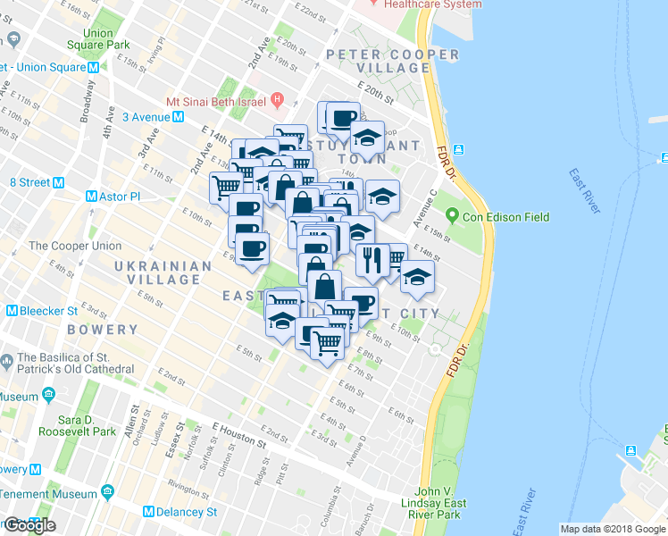 map of restaurants, bars, coffee shops, grocery stores, and more near in New York
