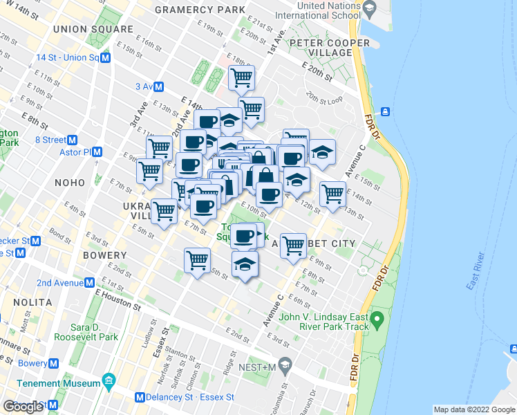 map of restaurants, bars, coffee shops, grocery stores, and more near 502 East 11th Street in New York