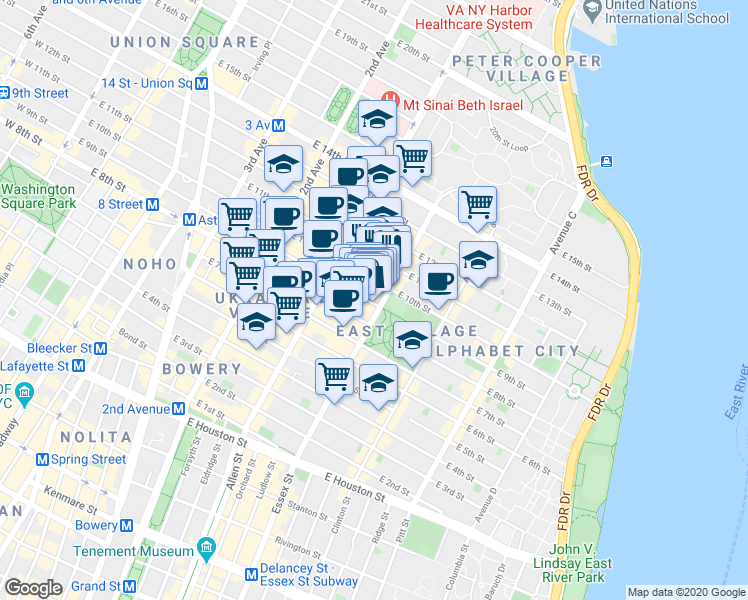 map of restaurants, bars, coffee shops, grocery stores, and more near in New York
