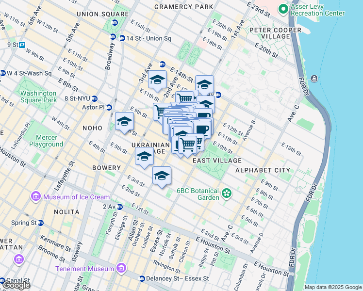 map of restaurants, bars, coffee shops, grocery stores, and more near 246 East 10th Street in New York
