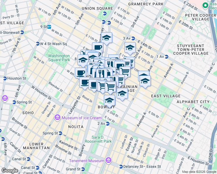 map of restaurants, bars, coffee shops, grocery stores, and more near 31 Cooper Square in New York