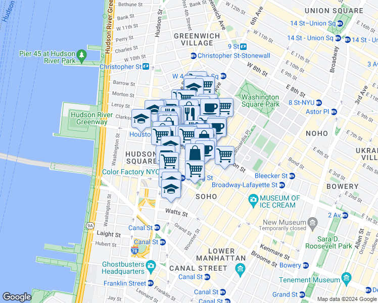 map of restaurants, bars, coffee shops, grocery stores, and more near 29 King Street in New York