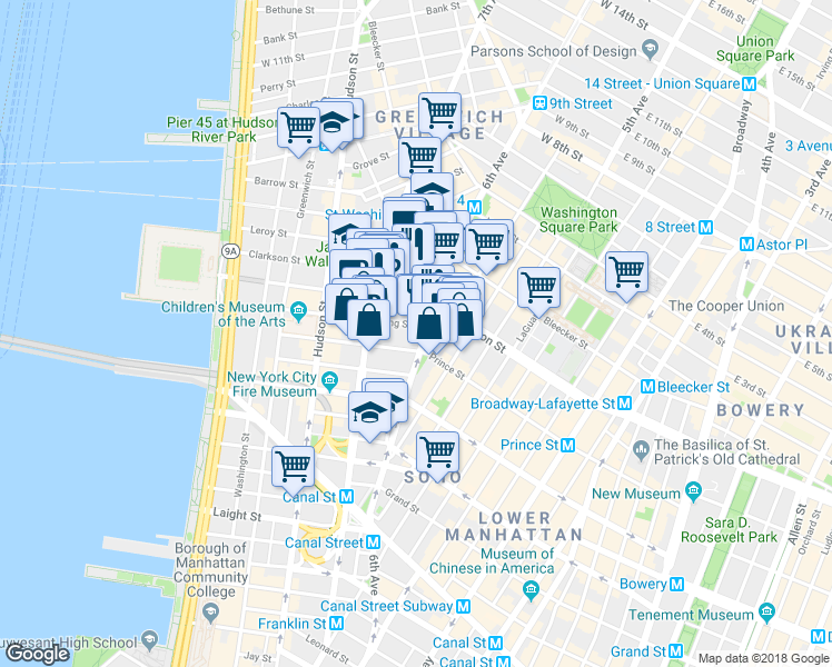 map of restaurants, bars, coffee shops, grocery stores, and more near 29 King Street in New York