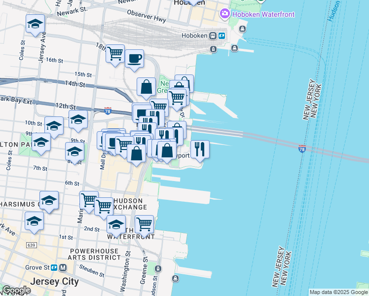 map of restaurants, bars, coffee shops, grocery stores, and more near 30 River Court in Jersey City