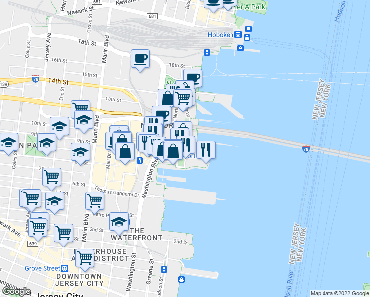 map of restaurants, bars, coffee shops, grocery stores, and more near 35 River Drive South in Jersey City