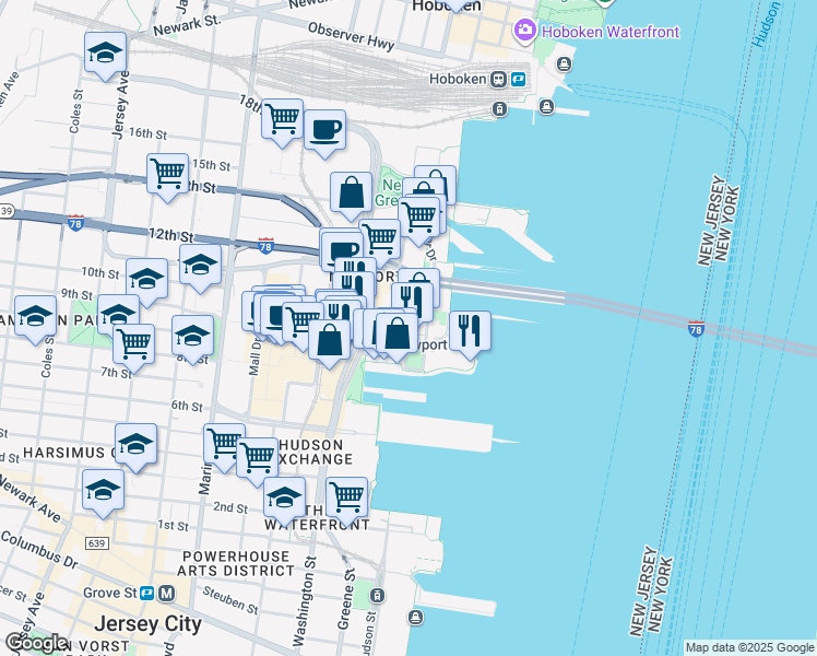map of restaurants, bars, coffee shops, grocery stores, and more near 35 River Drive South in Jersey City