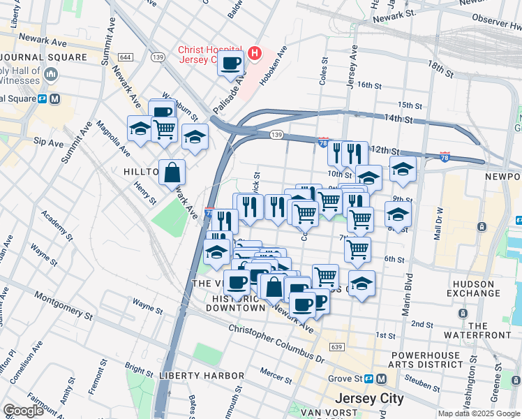 map of restaurants, bars, coffee shops, grocery stores, and more near 331 1/2 Pavonia Avenue in Jersey City