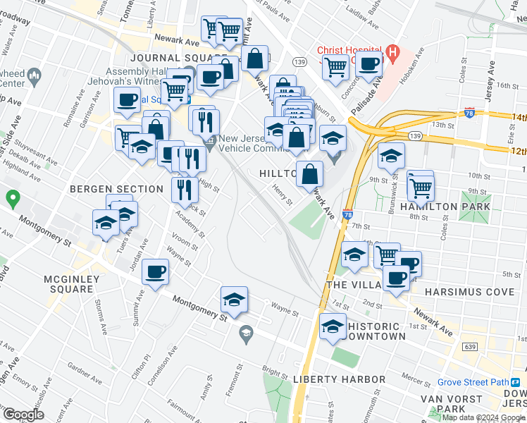 map of restaurants, bars, coffee shops, grocery stores, and more near 39 Alan Terrace in Jersey City