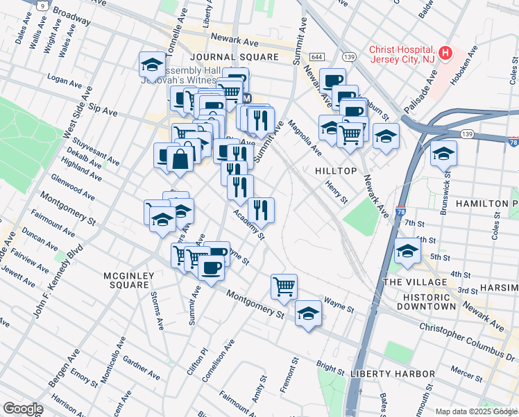 map of restaurants, bars, coffee shops, grocery stores, and more near 171A Baldwin Avenue in Jersey City