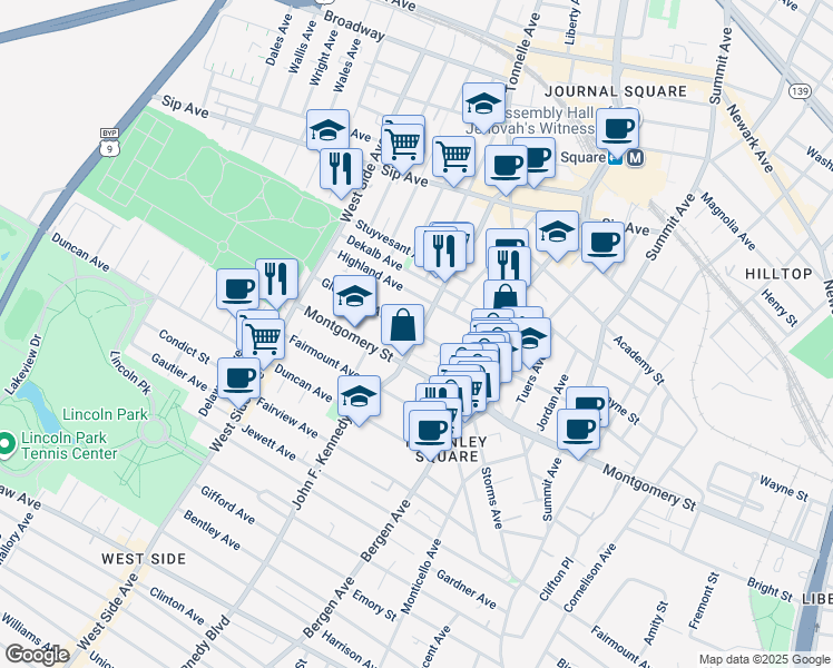 map of restaurants, bars, coffee shops, grocery stores, and more near 98 Glenwood Avenue in Jersey City