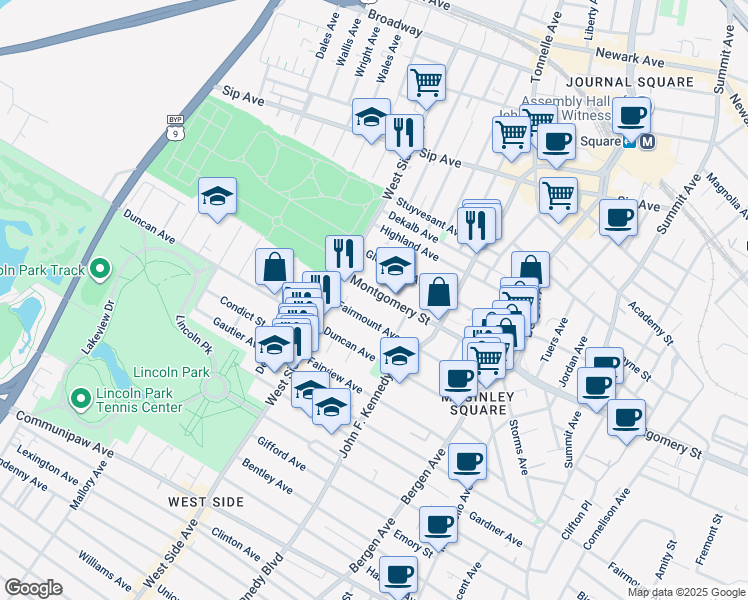 map of restaurants, bars, coffee shops, grocery stores, and more near 903 Montgomery Street in Jersey City