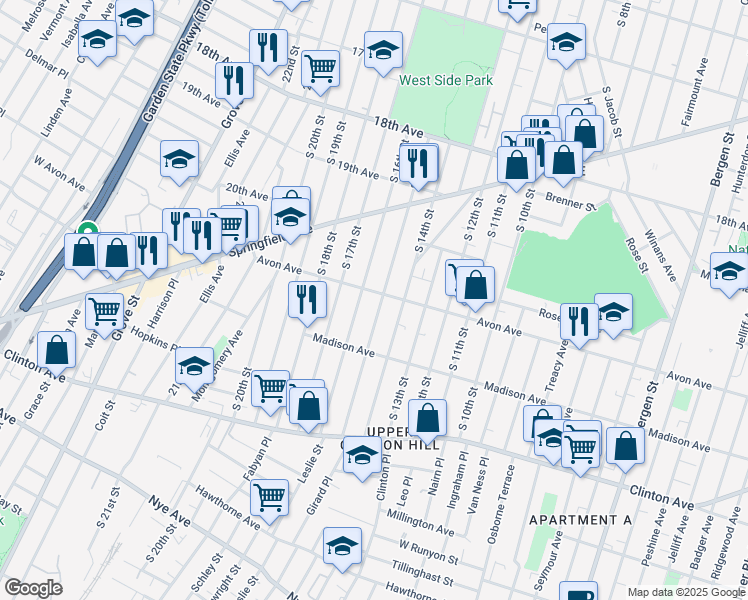 map of restaurants, bars, coffee shops, grocery stores, and more near 439 Avon Avenue in Newark