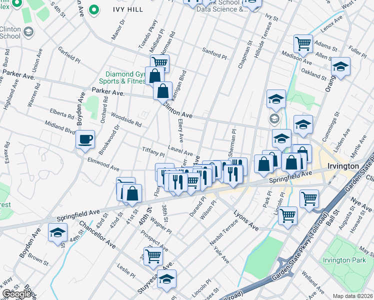 map of restaurants, bars, coffee shops, grocery stores, and more near 17 Ellery Avenue in Irvington