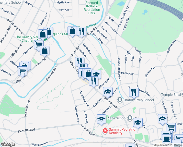 map of restaurants, bars, coffee shops, grocery stores, and more near 24 Aubrey Street in Summit