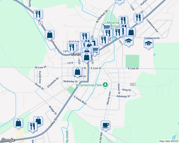 map of restaurants, bars, coffee shops, grocery stores, and more near 99 East Line Street in Minerva