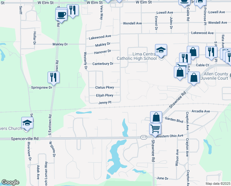 map of restaurants, bars, coffee shops, grocery stores, and more near 2951 Cletus Parkway in Lima