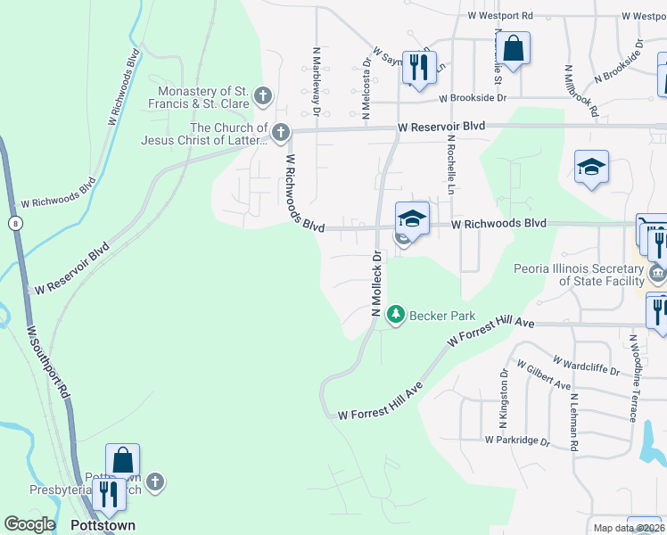 map of restaurants, bars, coffee shops, grocery stores, and more near 3425 Villa Ridge in Peoria