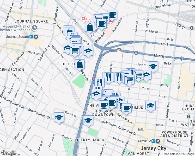 map of restaurants, bars, coffee shops, grocery stores, and more near 407 8th Street in Jersey City