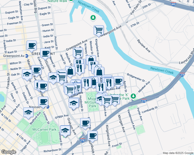 map of restaurants, bars, coffee shops, grocery stores, and more near 263 Norman Avenue in Brooklyn