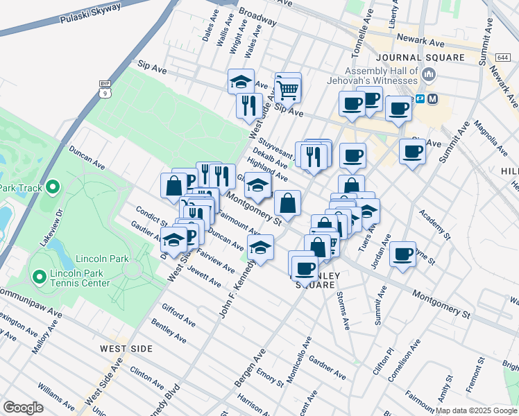 map of restaurants, bars, coffee shops, grocery stores, and more near 2641 John F. Kennedy Boulevard in Jersey City