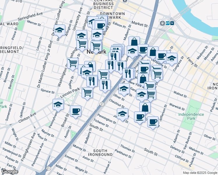 map of restaurants, bars, coffee shops, grocery stores, and more near 597 McCarter Highway in Newark