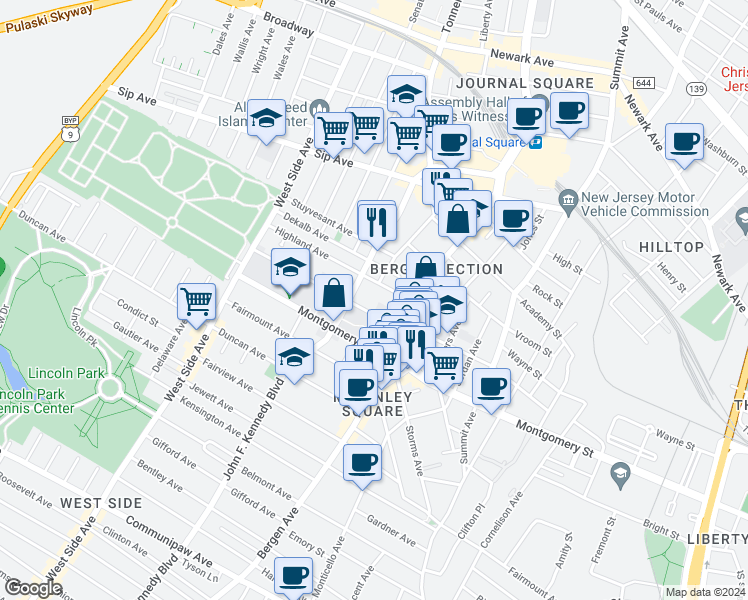 map of restaurants, bars, coffee shops, grocery stores, and more near 56 Glenwood Avenue in Jersey City