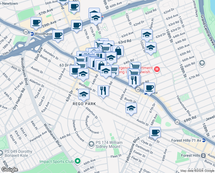 map of restaurants, bars, coffee shops, grocery stores, and more near 96-11 65th Road in Queens