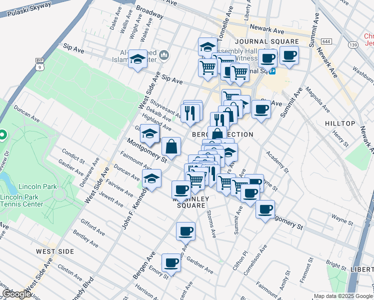 map of restaurants, bars, coffee shops, grocery stores, and more near 64 Glenwood Avenue in Jersey City