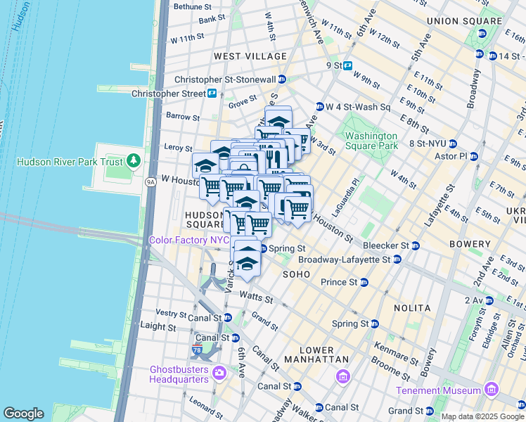 map of restaurants, bars, coffee shops, grocery stores, and more near 29 King Street in New York