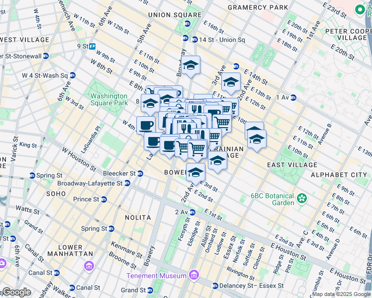 map of restaurants, bars, coffee shops, grocery stores, and more near 205 East 5th Street in New York