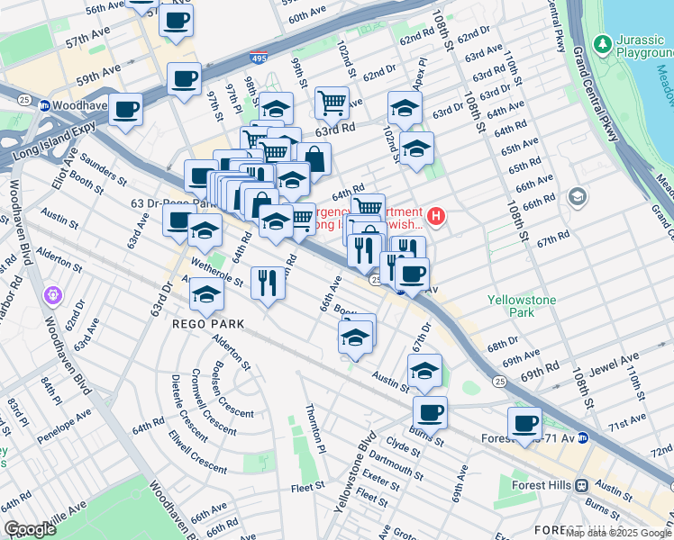 map of restaurants, bars, coffee shops, grocery stores, and more near 98-28 Queens Boulevard in Queens
