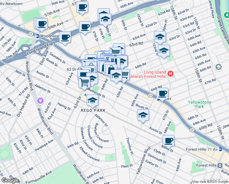 map of restaurants, bars, coffee shops, grocery stores, and more near 65-11 Booth Street in Queens