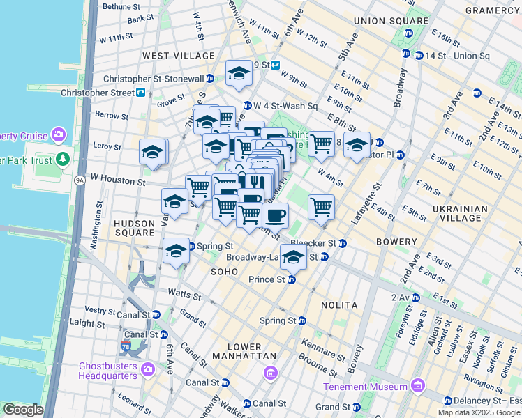 map of restaurants, bars, coffee shops, grocery stores, and more near 498 LaGuardia Place in New York