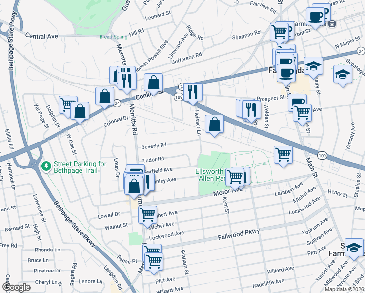 map of restaurants, bars, coffee shops, grocery stores, and more near 9 Beverly Road in Farmingdale