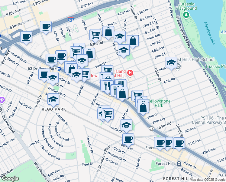 map of restaurants, bars, coffee shops, grocery stores, and more near 6611 99th Street in Queens