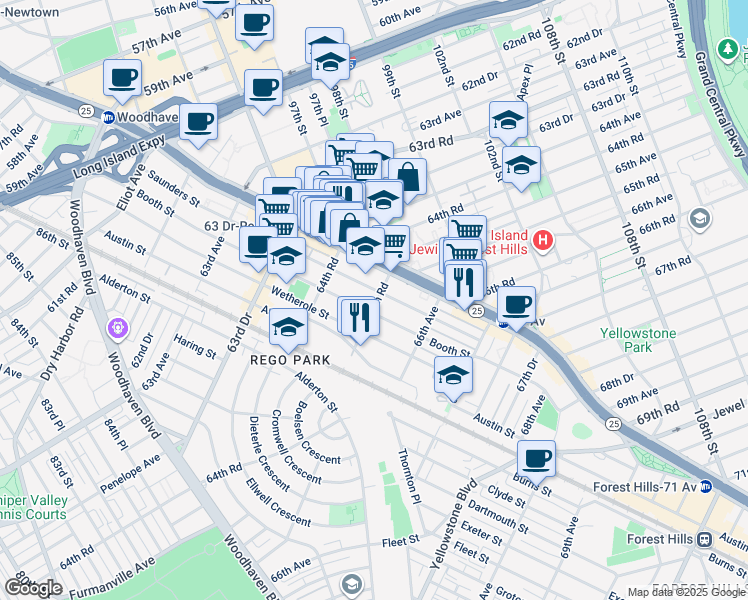 map of restaurants, bars, coffee shops, grocery stores, and more near 9714 65th Road in Queens