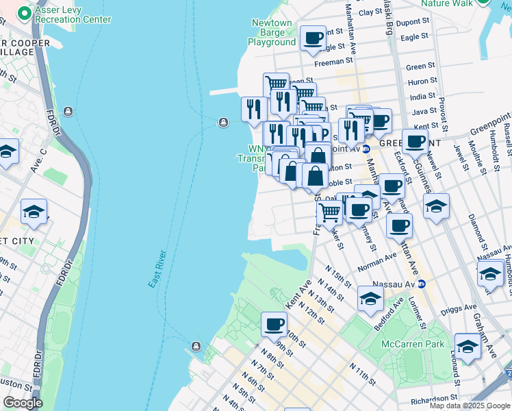 map of restaurants, bars, coffee shops, grocery stores, and more near 1 Oak Street in Brooklyn
