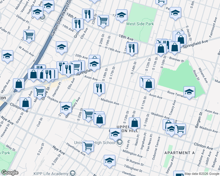 map of restaurants, bars, coffee shops, grocery stores, and more near 460 Avon Avenue in Newark