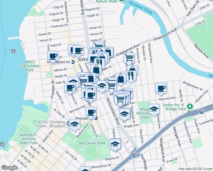 map of restaurants, bars, coffee shops, grocery stores, and more near 167 Diamond Street in Brooklyn