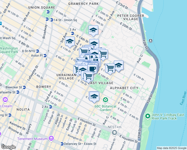 map of restaurants, bars, coffee shops, grocery stores, and more near 291 East 10th Street in New York