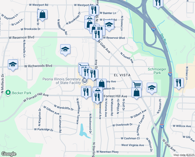 map of restaurants, bars, coffee shops, grocery stores, and more near 3319 North Stanley Street in Peoria