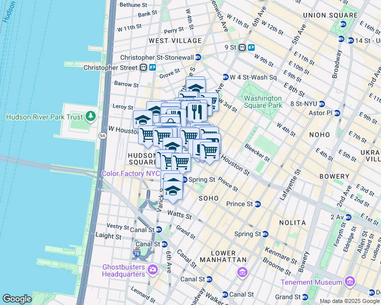 map of restaurants, bars, coffee shops, grocery stores, and more near 213 6th Avenue in New York