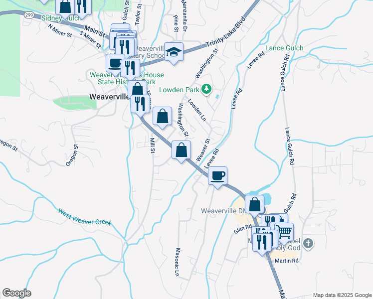 map of restaurants, bars, coffee shops, grocery stores, and more near 1081 Main Street in Weaverville